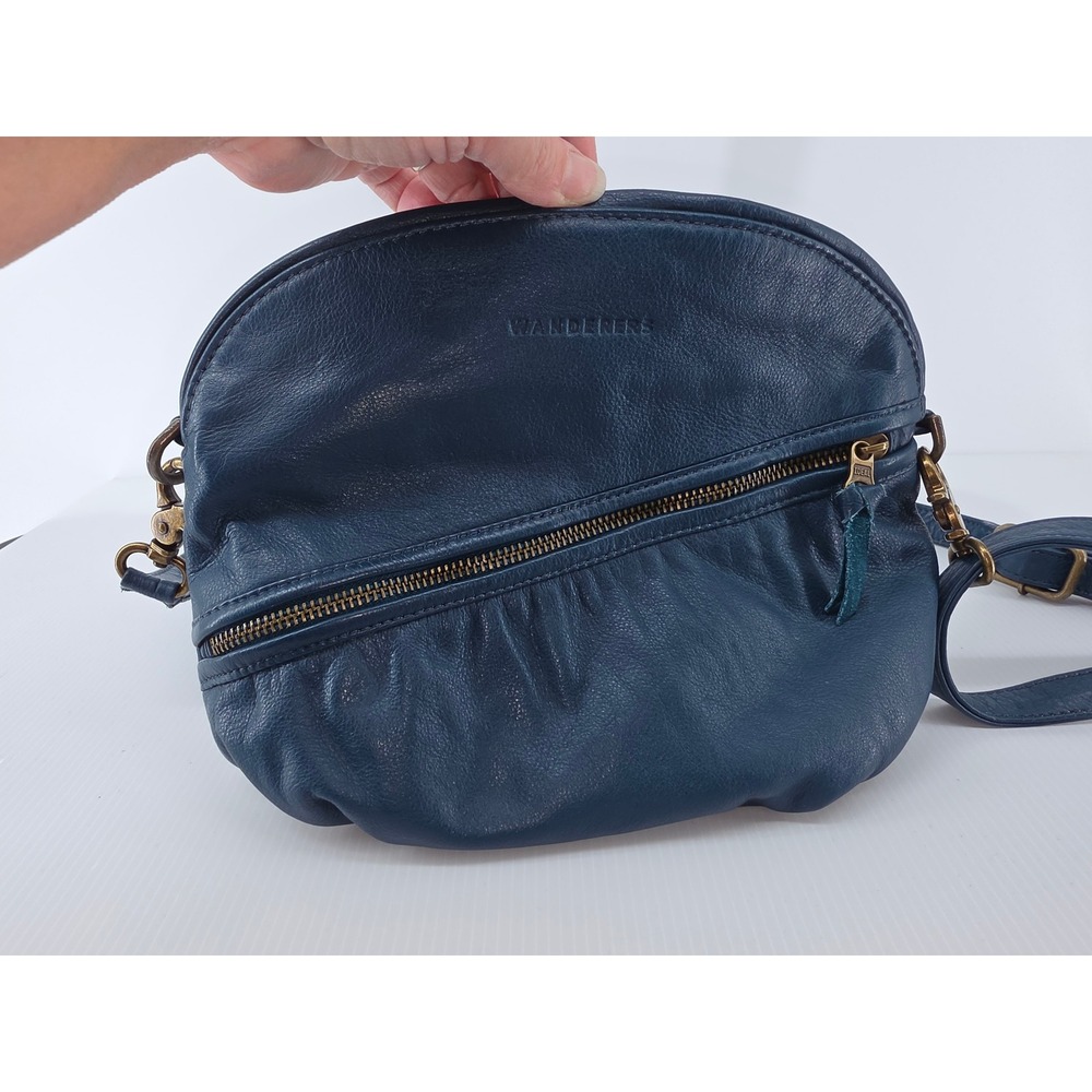 Wanderers Travel Co Blue Full Grain Leather Crossbody Bag Brass Hardware